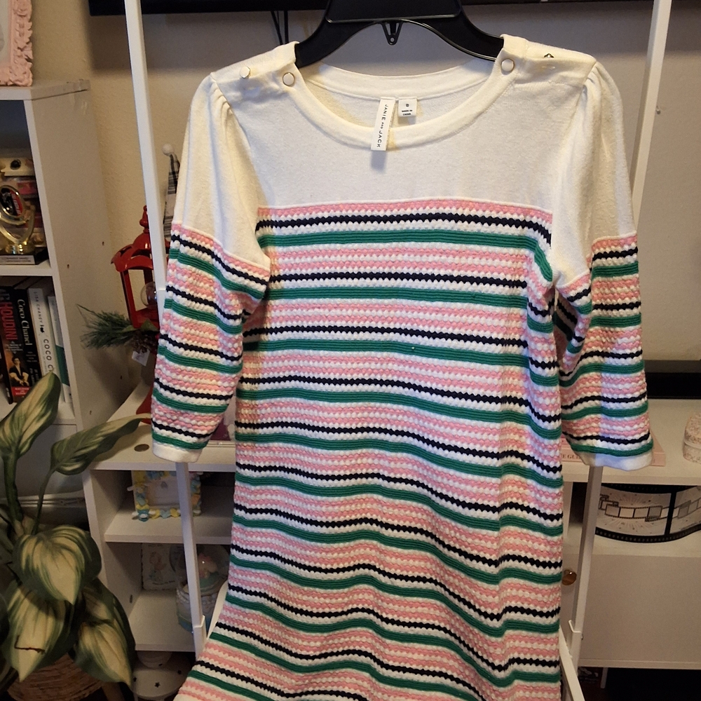 Janie and Jack Cream Dress with Pink, Green, Navy Stripes